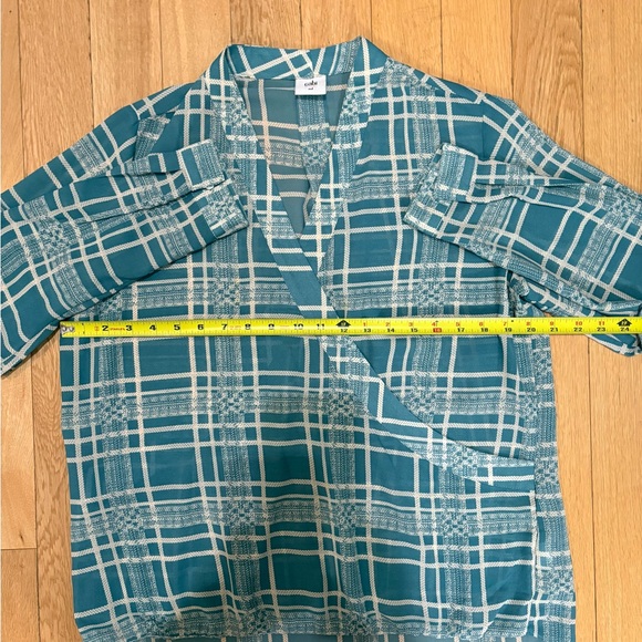 CAbi Windowpane Faux Wrap Blouse Teal Blue Cream Plaid Chiffon Boho Office #3068 - Picture 7 of 8